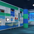 School Modern Classroom With Green Chairs White Tables Ceiling Lights And Large Screen 3d model