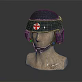 Metallic Helmet With Red Cross Emblem And Decorative Stripes On Wooden Mannequin Head