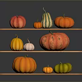 Various Colorful Pumpkins with Different Shapes Displayed on Three Tiered Wooden Shelves