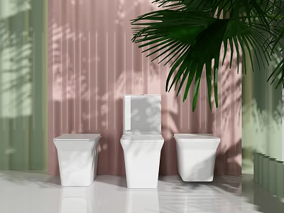 Three White Toilets in Modern Bathroom with Pink Striped Wall and Green Palm Leaves 3d model