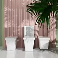 Three White Toilets in Modern Bathroom with Pink Striped Wall and Green Palm Leaves