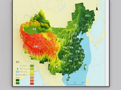 3D China Topographic Map Wall Decor With Color Coded Elevation And City Labels 3d model
