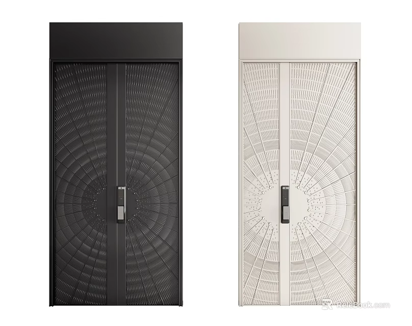 Black and White Security Doors With Radial Pattern Design And Modern Door Handle 3d model