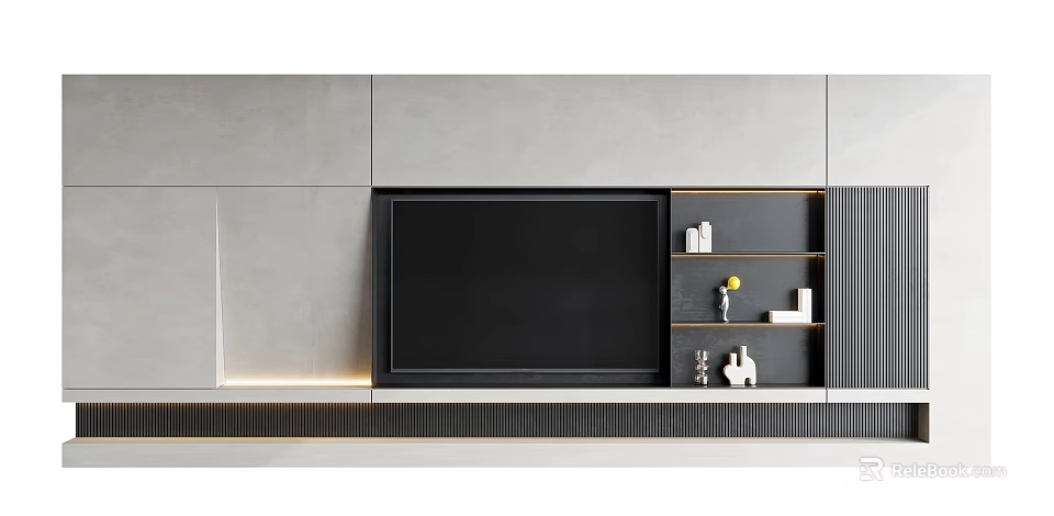 Modern Gray TV Wall Design With Black Screen Shelves And Decorative Items 3d model