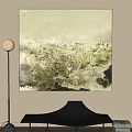 Textured Abstract Painting In Neutral Tones On Interior Wall With Floor Lamp And Black Furniture