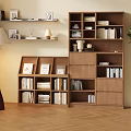 Modern Wooden Bookcase with Shelves Books Decorative Items Photo Frames Floor Lamp and Green Plant