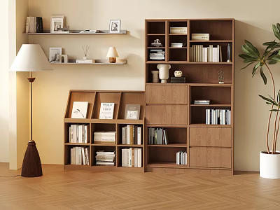 Modern Wooden Bookcase with Shelves Books Decorative Items Photo Frames Floor Lamp and Green Plant 3d model