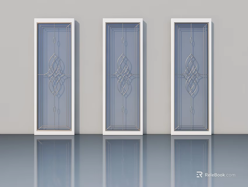 Three Modern White Frame Swing Doors With Decorative Glass Pattern Design 3d model 