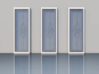 Three Modern White Frame Swing Doors With Decorative Glass Pattern Design 3d model