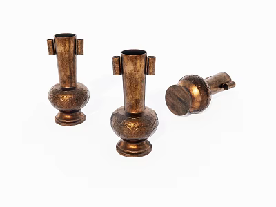 Three Copper Colored Carved Vases With Intricate Patterns On White Background 3d model