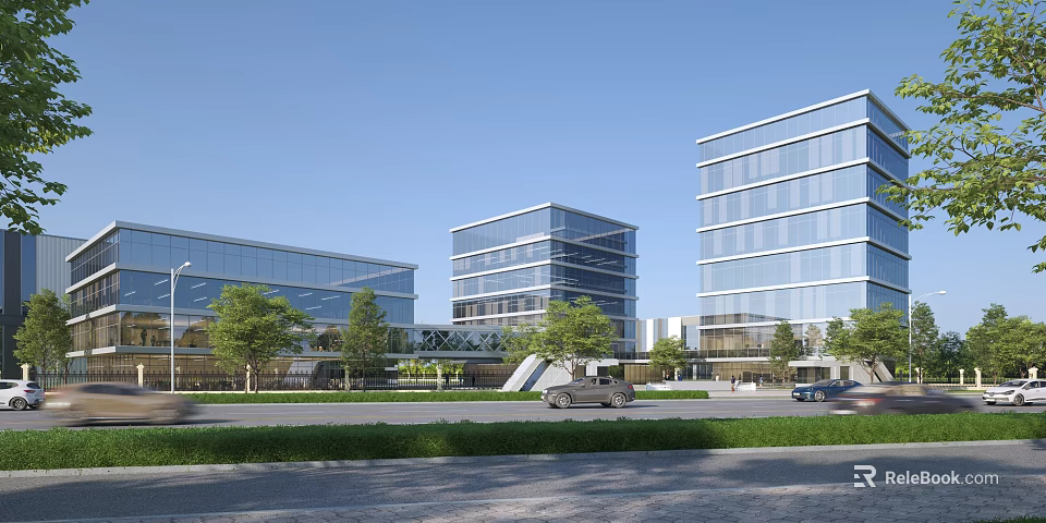 Modern Office Building Complex With Glass Curtain Wall Green Trees And Lawn 3d model 