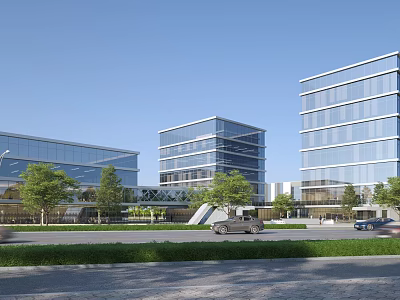 Modern Office Building Complex With Glass Curtain Wall Green Trees And Lawn 3d model