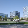 Modern Office Building Complex With Glass Curtain Wall Green Trees And Lawn