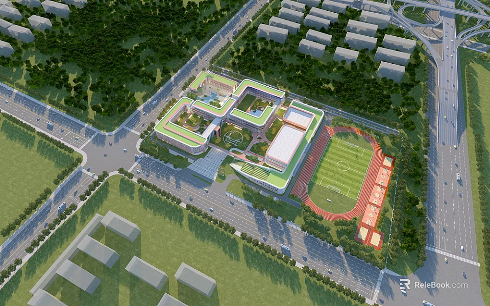 Contemporary School Building Campus Design With Green Spaces Sports Field And Trees 3d model 