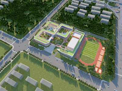Contemporary School Building Campus Design With Green Spaces Sports Field And Trees 3d model