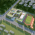Contemporary School Building Campus Design With Green Spaces Sports Field And Trees