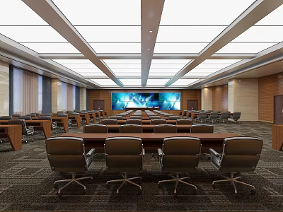 Modern Conference Room Interior With Long Table Large Screen And Ceiling Lights 3d model