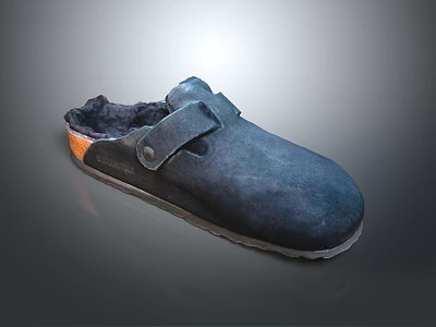 Dark Blue Suede House Slippers With Velcro Strap And Fleece Lining 3d model