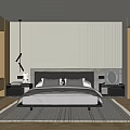 Modern Bedroom Interior Design With Bed Nightstands Area Rug Striped Wall And Pendant Light