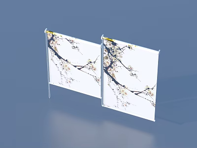 Two White Curtains With Plum Blossom Branch Pattern For Home Decor 3d model