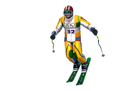 A Man Skiing In Olympic Rings Outfit Number 32 With Helmet Goggles And Poles 3d model