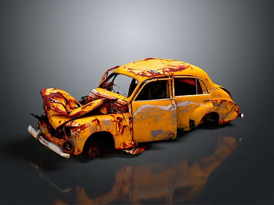 Old Yellow Rusted Damaged Car Body With Wrecked Exterior And Rust Spots 3d model