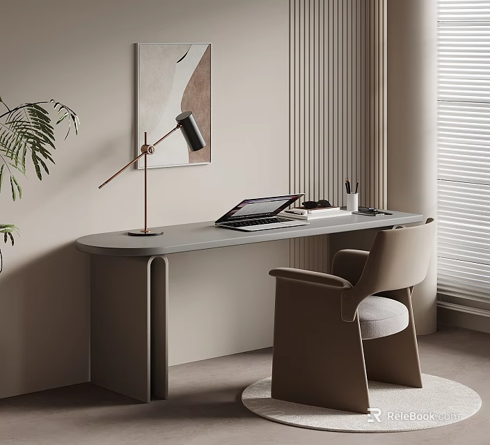 Modern Style Work Desk With Laptop Table Lamp Chair Plant Blinds And Beige Brown Tones 3d model 