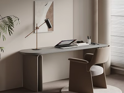 Modern Style Work Desk With Laptop Table Lamp Chair Plant Blinds And Beige Brown Tones 3d model