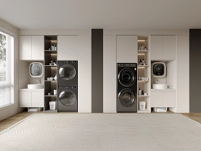 Modern Laundry Room Interior With Washing Machine Dryer Cabinets And Sink 3d model