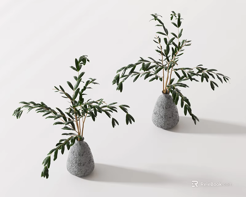 Bonsai Potted Plants in Gray Stone Pots with Green Leaves and Branches 3d model 