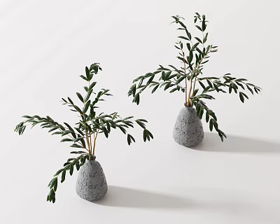 Bonsai Potted Plants in Gray Stone Pots with Green Leaves and Branches 3d model