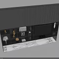Modern TV Cabinet With Black Vertical Striped Panel Storage Shelves Decorative Items And Marble Countertop
