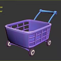 Purple Plastic Shopping Cart With Blue Handle And Four Small Wheels