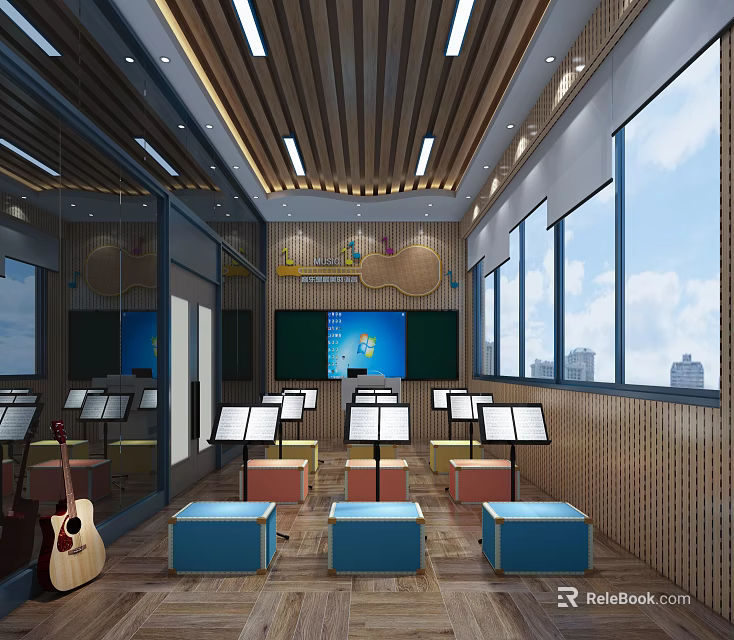 Music Store Interior With Guitar Music Stands Bright Space And Large Windows 3d model 