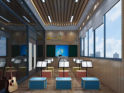 Music Store Interior With Guitar Music Stands Bright Space And Large Windows 3d model