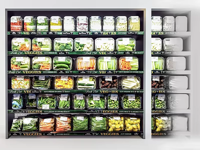 Display Shelves with Packaged Fresh Vegetables in Retail Store Showcase Setup 3d model