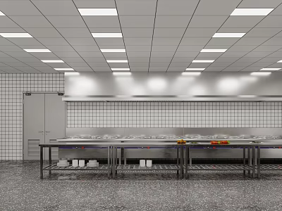 Commercial Restaurant Kitchen Interior With Stainless Steel Worktables Tiled Walls And Ceiling Lights 3d model