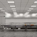 Commercial Restaurant Kitchen Interior With Stainless Steel Worktables Tiled Walls And Ceiling Lights