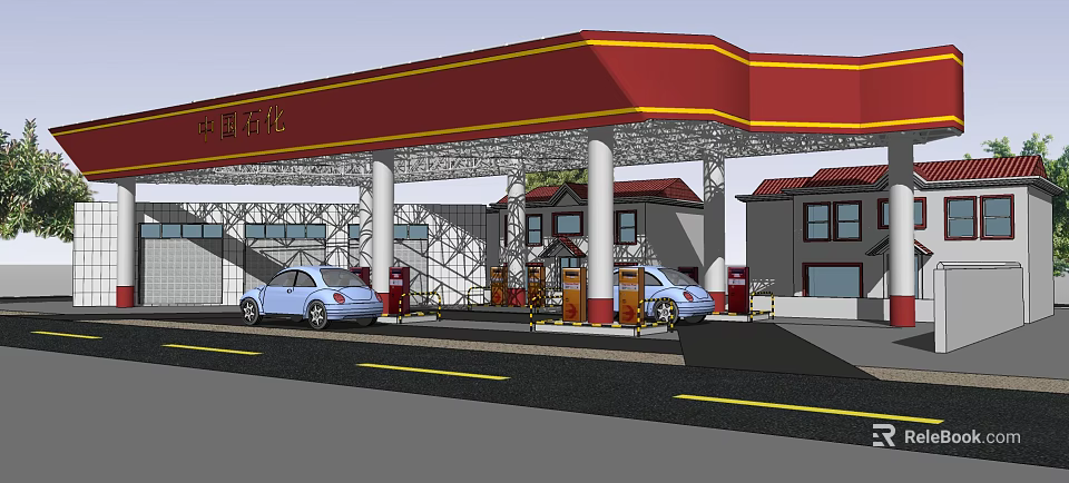 Modern Gas Station Exterior With Red Canopy Yellow Stripes Fuel Pumps And Parked Cars 3d model 