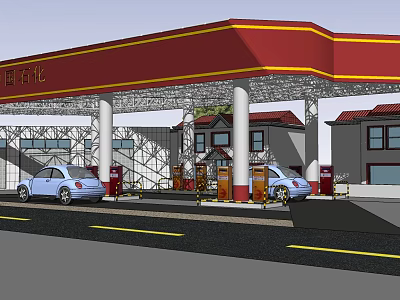 Modern Gas Station Exterior With Red Canopy Yellow Stripes Fuel Pumps And Parked Cars 3d model