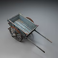Old Blue Wooden Wheelbarrow With Rusted Large Wheel And Worn Design
