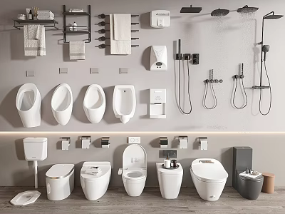 Complete Modern Bathroom Fixture Collection With Urinals Toilets Towel Racks Shower Heads And Faucets 3d model