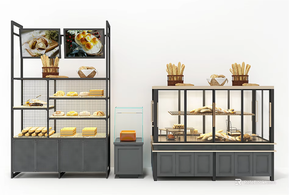Bakery Display Shelves With Glass Showcase Multiple Layers And Bread Pastries 3d model 