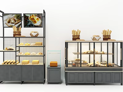 Bakery Display Shelves With Glass Showcase Multiple Layers And Bread Pastries 3d model