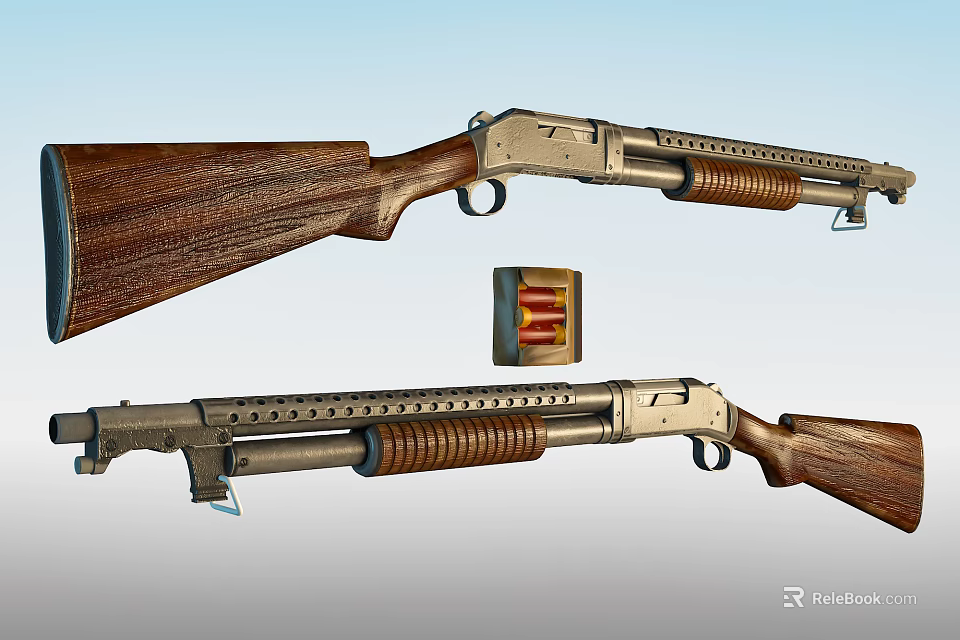 Classic Vintage Shotgun Featuring Wooden Stock Metal Barrel And Ammunition Box 3d model 