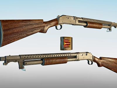 Classic Vintage Shotgun Featuring Wooden Stock Metal Barrel And Ammunition Box 3d model