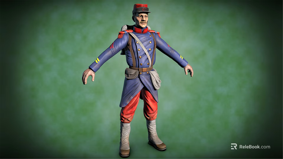 Military Uniform Character With Blue Coat Red Pants Backpack And Green Plants Background Arms Outstretched 3d model 