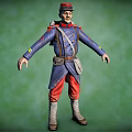 Military Uniform Character With Blue Coat Red Pants Backpack And Green Plants Background Arms Outstretched