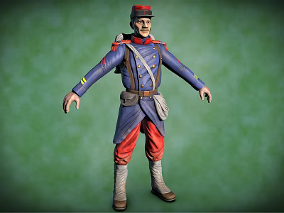 Military Uniform Character With Blue Coat Red Pants Backpack And Green Plants Background Arms Outstretched 3d model
