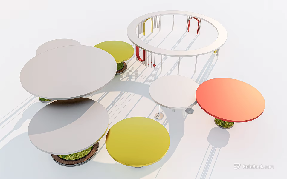 Modern Circular Pergola Structure With Colorful Round Tables And Greenery Bases 3d model